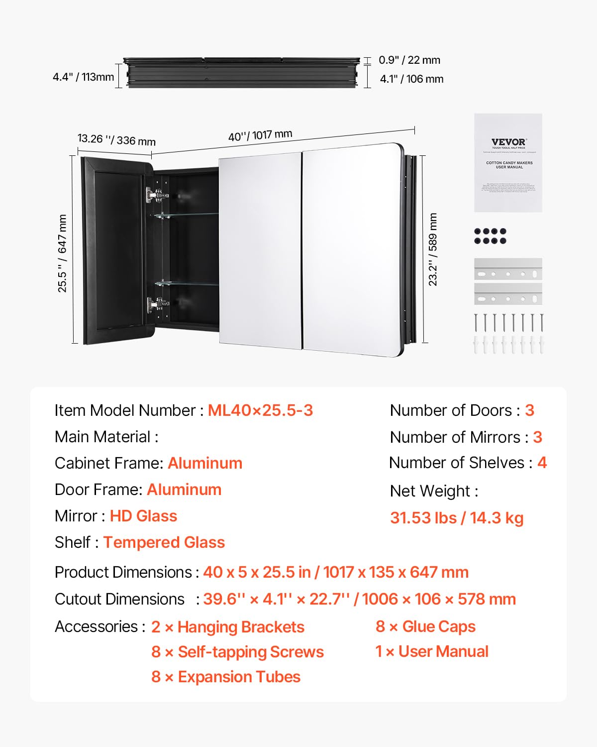 VEVOR Medicine Cabinet, 25.5 x 40 inch, Medicine Cabinet for Bathroom with Mirror, Aluminum Frame Bathroom Wall Cabinet, 4-Layer Adjustable Shelves, Recessed & Wall-Mounted Installation