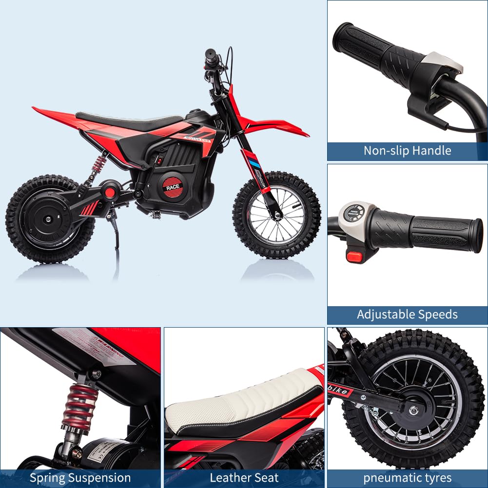Garvee 24V Kids Electric Off-Road Motorcycle, Ride on 250W Motor 13.6MPH Fast Speed Dirt Bike, Leather Seat, Twist Grip Throttle, Metal Suspension, Air-Filled Tires for Kids Teens Riding Toy, Red