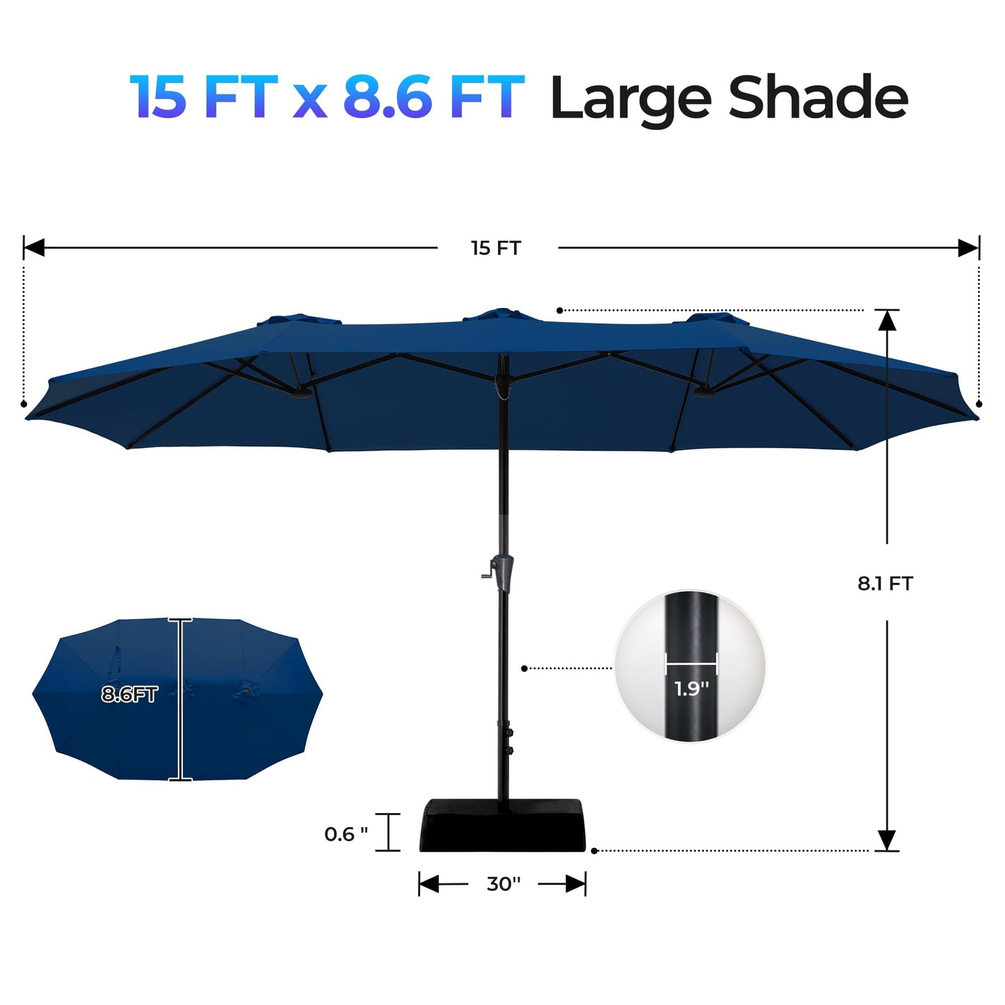 SUPERJARE 15FT Outdoor Patio Umbrella with Base Included, Double Sided Pool Umbrellas with Fade Resistant Canopy, Extra-Large Table Umbrella for Deck, Market, Backyard, Navy Blue