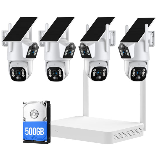Camcamp Solar Security Cameras Wireless Outdoor,Dual-Lens Solar Camera System for Home Security, 4 Cameras (8 Screen), 10CH NVR with 500GB HDD, 360°PTZ, No Monthly Fee, Color Night Vision
