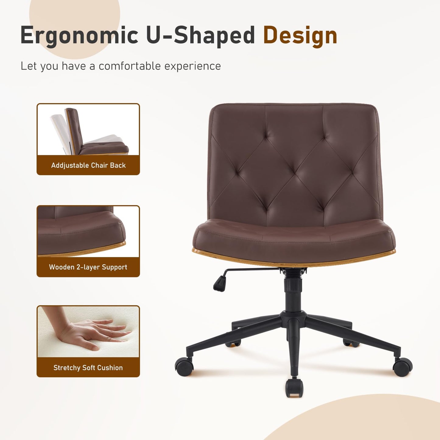 Furnimart Heavy-Duty Curved FSC Wood Desk Chair 360° Swivel, Faux Leather Criss Cross Chair with Wheels Wide Seat, Comfy Armless Cross Legged Sitting for Bedroom, Office, Vanity (PU Brown)