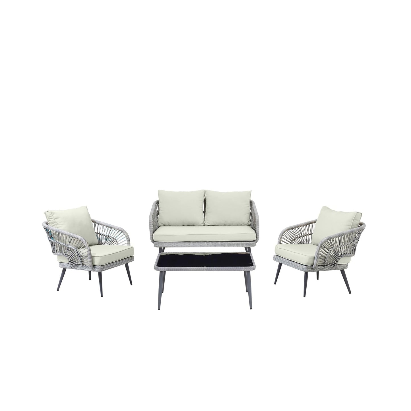 Manhattan Comfort Riviera Rope Wicker 4-Piece 4 Seater Patio Conversation Set with Cushions, Cream