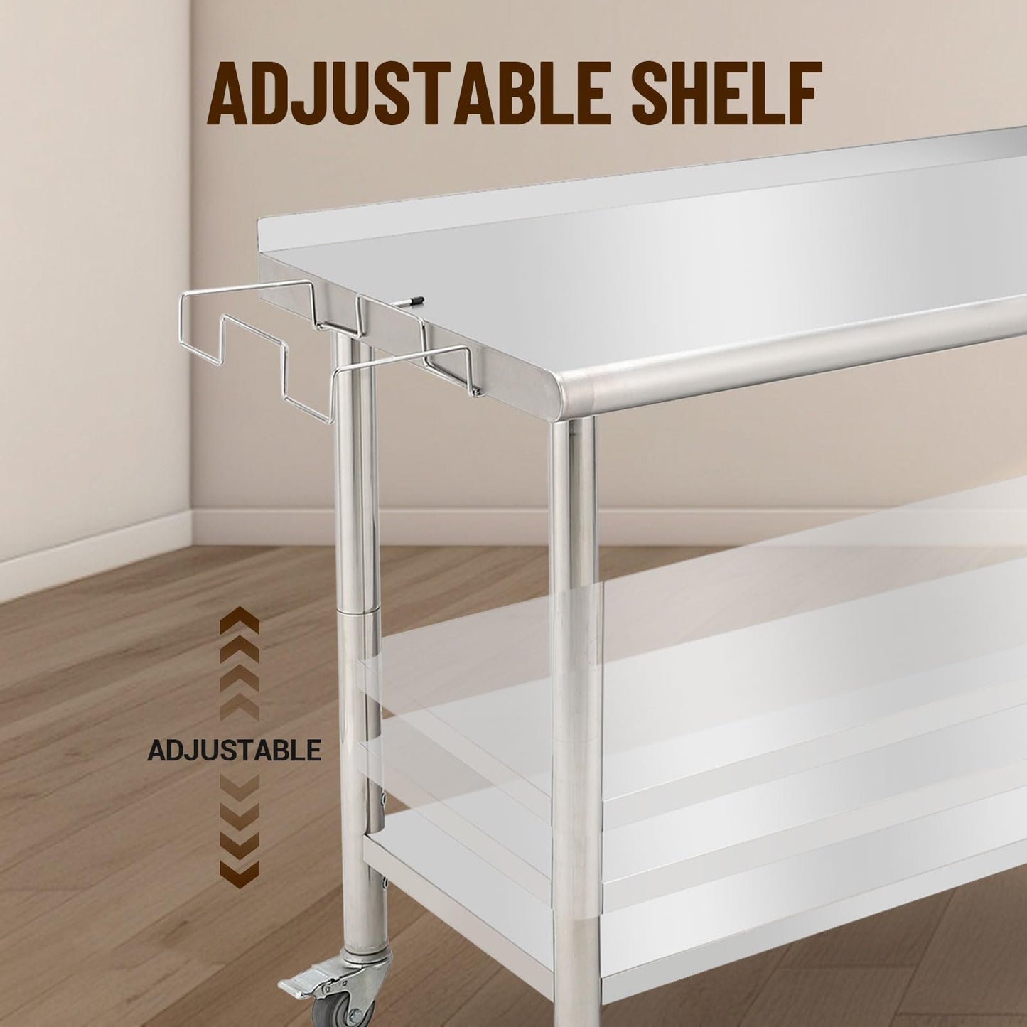 Stainless Steel Commercial Work Table, 72x30x35in - Wheels, Adjustable Undershelf, Backsplash, Removable Trash Rack - Heavy Duty Prep Station for Kitchen, Restaurant, Garage