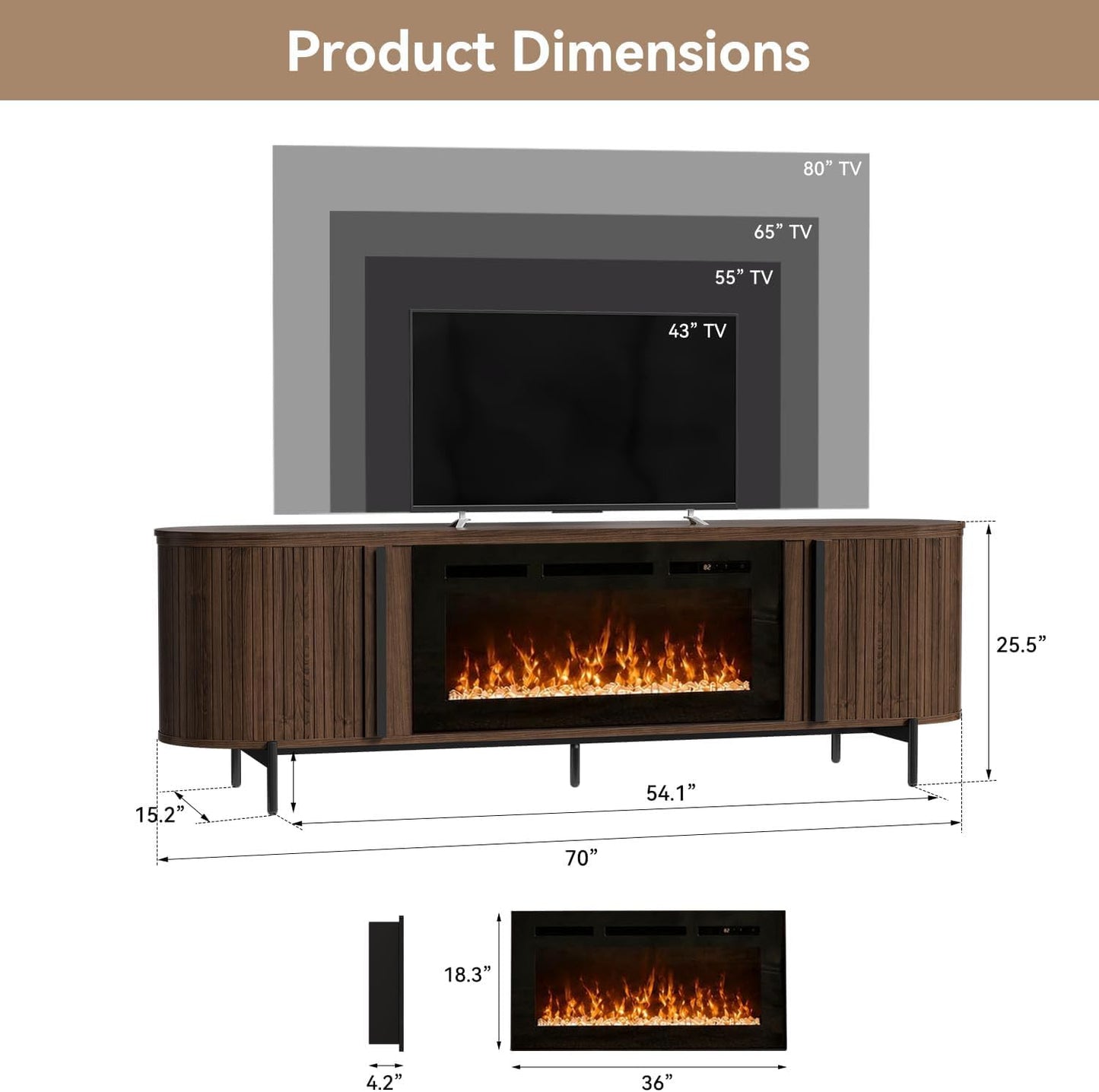 Nordivale Luxury 70" Fluted TV Stand with Fireplace, Modern Chic Entertainment Center for TVs Up to 80", TV Console for Living Room, Media Cabinet with Storage,70 Inch, Walnut