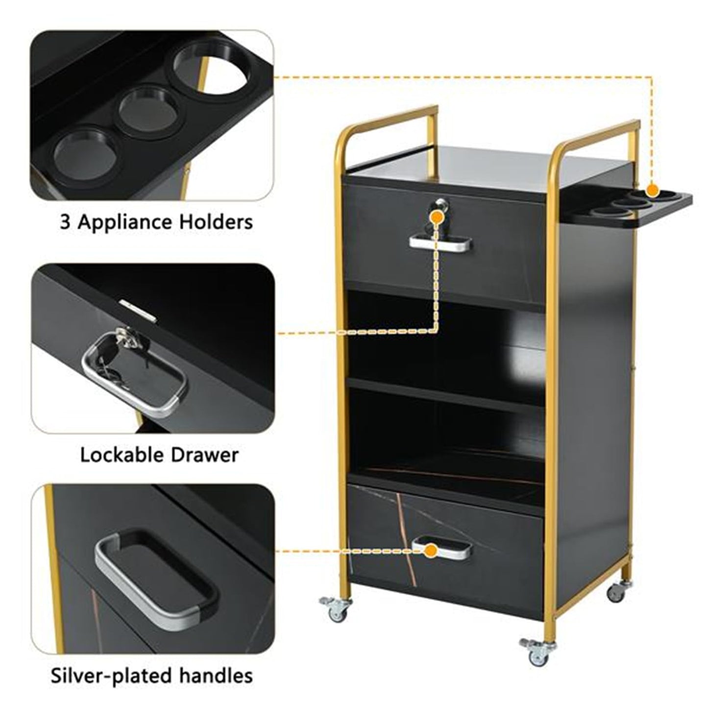 CUIYMXSC Salon Storage Cabinet, Versatile Salon Stations with Locking Drawers and 3 Hair Dryer Holder, Salon Storage Trolley Cart, Beauty Barber Salon Styling Station Organizer Equipment