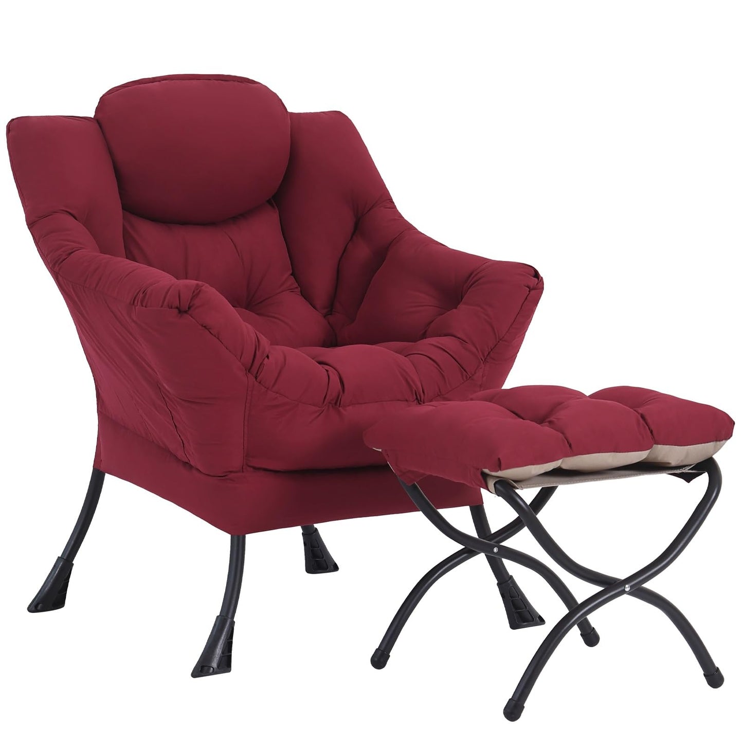 Furlide Lazy Chair with Ottoman, Modern Accent Chairs with Folding Footrest, Burgundy Sofa Chair Set, Comfortable Reading Chairs, Oversized Armchairs for Bedroom, Study, Living Room, Courtyard