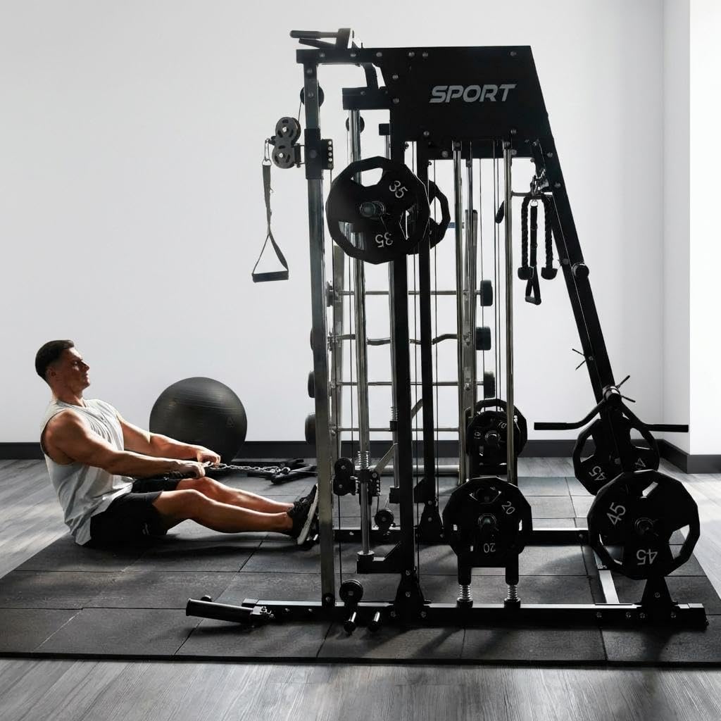 Smith Machine Home Gym, 2200LB Power Cage with Dual Pulley Cable Systems, LAT Pull-Down, Leg Hold-Down & 20+ Attachments for Full Body Workouts, Red