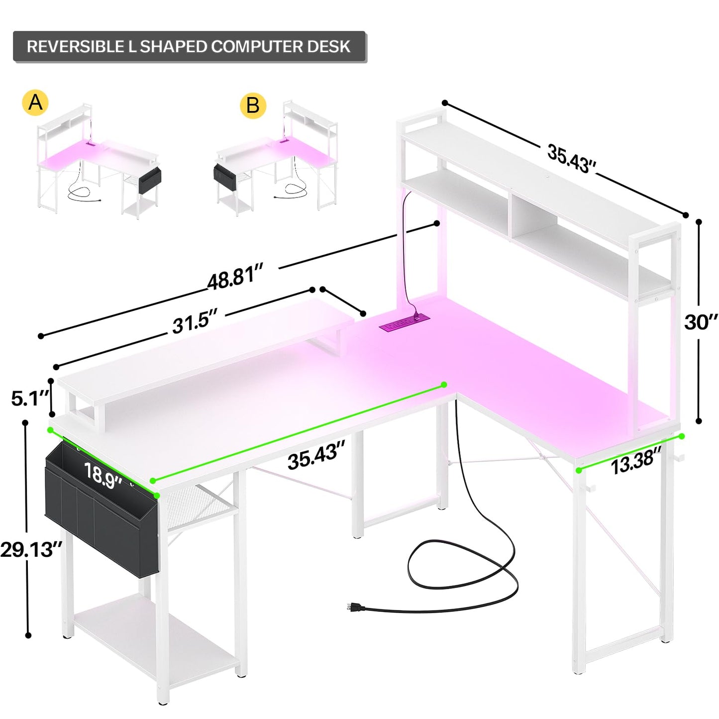 Aheaplus Small L Shaped Desk with Charging Port & LED Strip, Reversible L-Shaped Gaming Desk Computer Desk with Monitor Stand & Storage Shelf, Corner Desks Home Office Desk with Storage Bag, White