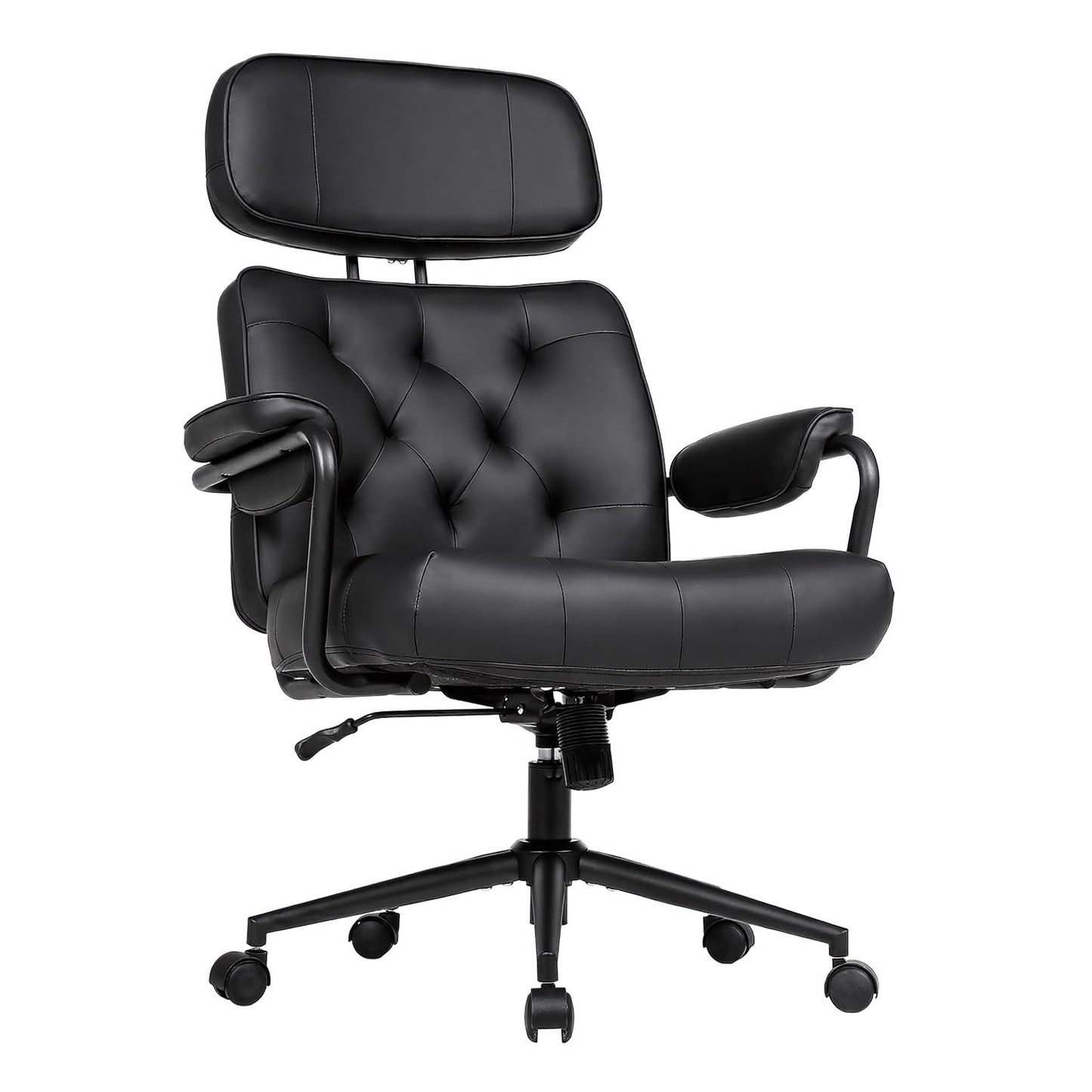 Mid Century Modern Home Office Desk Chair, Ergonomic Office Chair Big and Tall, High Back Executive Office Chair Leather Extra Wide, Computer Chair Comfy, Adjustable Height Rolling Chair, Black
