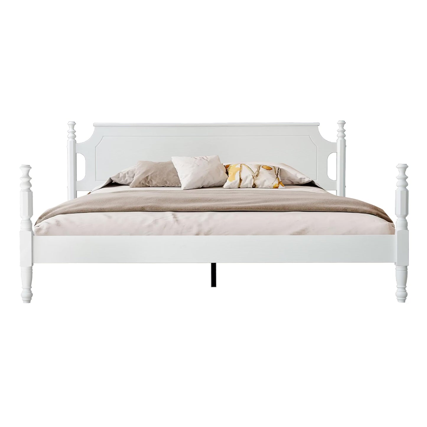 Solid Wood King Size Platform Bed Frame, A Headboard & Footboard, Under Bed Storage, 12 Strong Slats with Center Metal Legs, Anti-Noise & Slip-Free, No Box Spring Needed, Pure White Finish, ROK-39