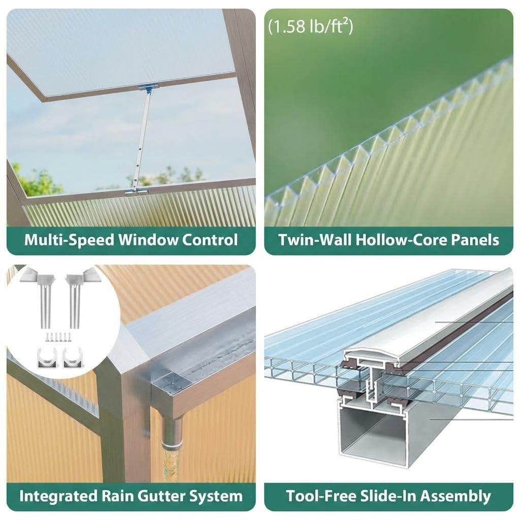 8x12 ft Greenhouse, Polycarbonate Walk-in Greenhouse for Outside with Lockable Outward-Opening Swing Door & Roof Vent, Heavy-Duty Aluminum Green House for Garden, Backyard, Patio, Lawn, Sliver