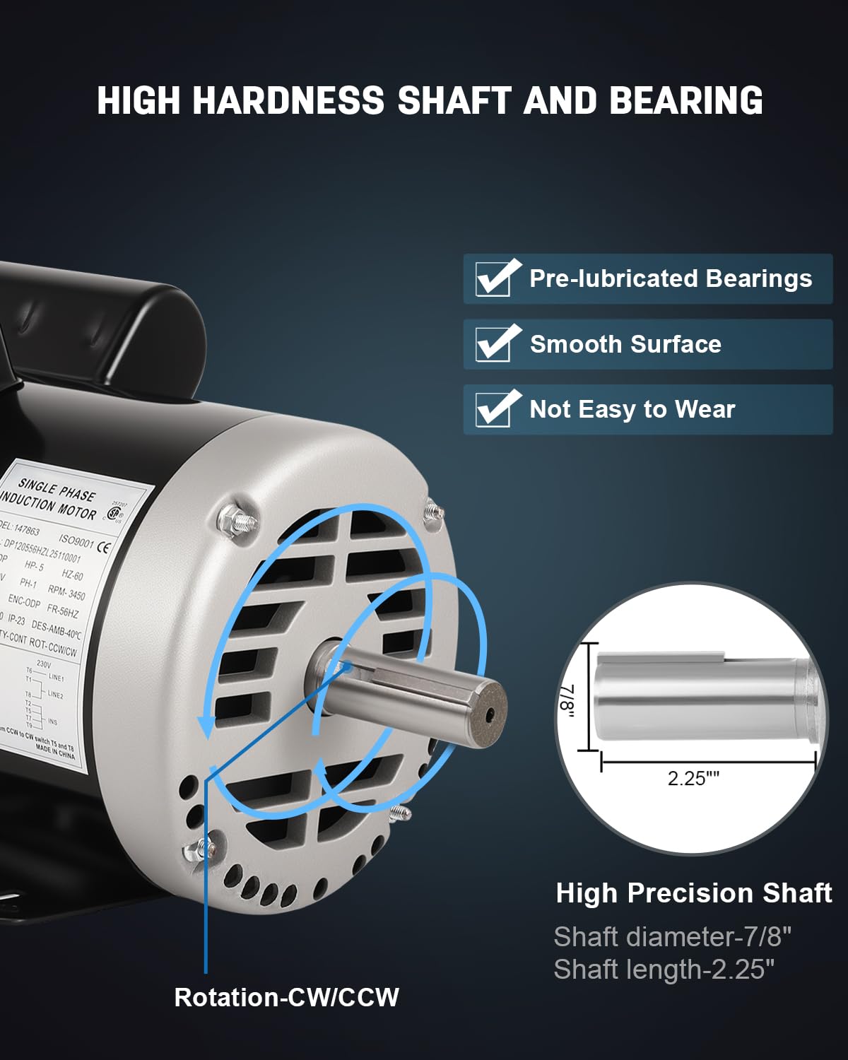 5 HP Air CompressorMotor, 230V Electric Motor 3450 RPM, CCW/CW Single Phase Motor, 56HZ Frame 7/8" Keyed Shaft