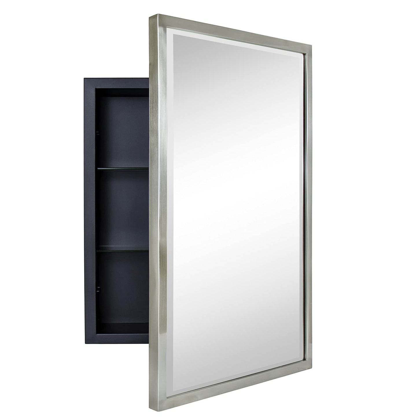 TEHOME Brush Nickel Metal Framed Recessed Bathroom Medicine Cabinet with Mirror Rectangle Tilting Beveled Vanity Mirrors for Wall 16 x 24 inches