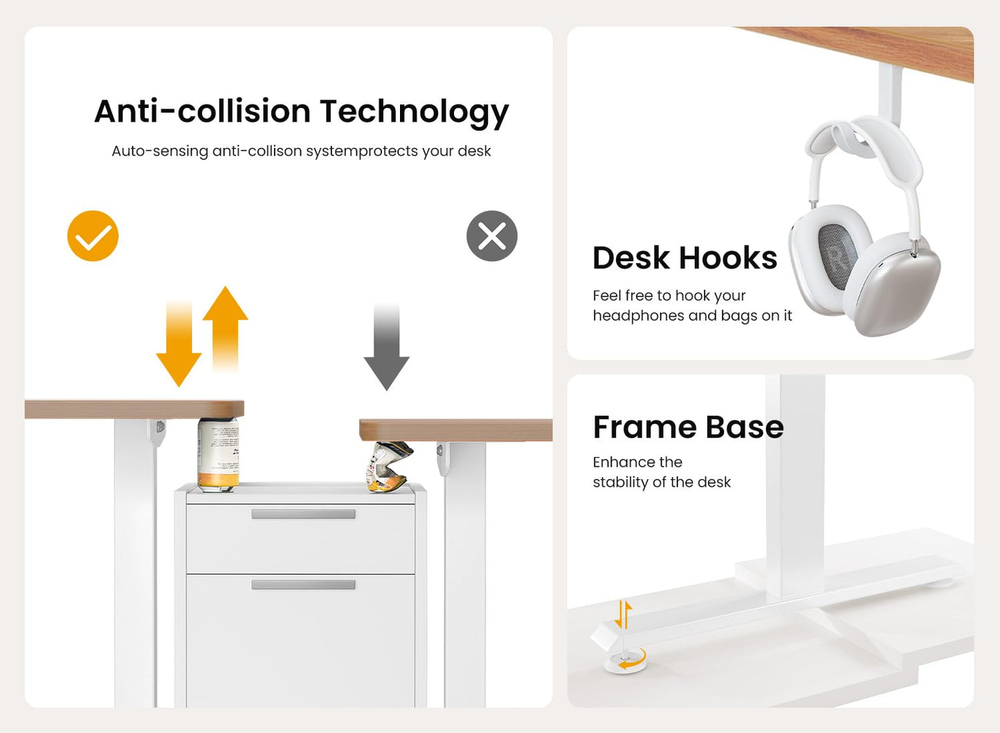 BANTI 63 × 28 Inches Standing Desk, Ergonomic, Electric Height Adjustable, Sit and Stand Up, Computer Office Desk with Splice Board, White Frame/Maple Top