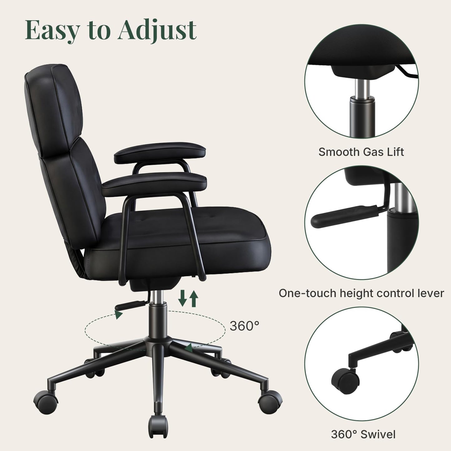 HAPPYMONT Ergonomic High Back Leather Office Chair, Executive Computer Desk Chair with Lumbar Support & Padded Arms, Adjustable Height 360° Rolling Swivel Task Chair for Home Office, Black