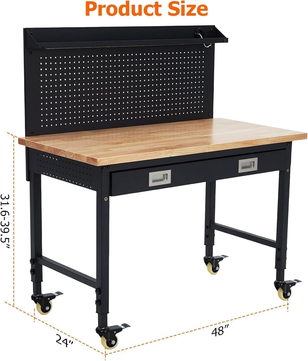 Workbench, Heavy Duty Adjustable Height Worktable with Rubber Wood Top, 2000 LBS Load Capacity, Tool Storage Station with Drawer, Pegboard, Power Outlets and Lockable Wheels, for Warehouse