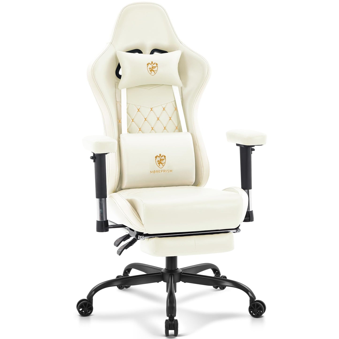 Morkprism Gaming Chair,Computer Office Chair with Footrest,Massage Lumbar Support and Gel Pad,Ergonomic Reclining Leather Gamer Chair with Headrest,Adjustable Armrests and Spring Cushion Ivory