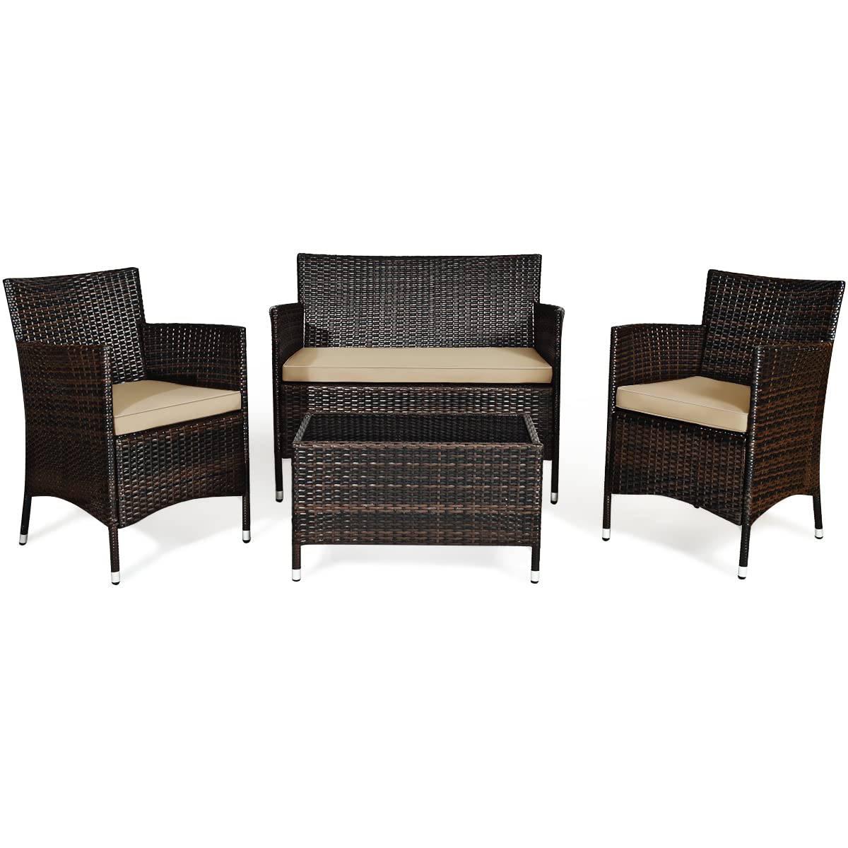 COSTWAY 4PCS Rattan Patio Furniture Set, Outdoor Wicker Rattan Chairs with Coffee Table, Rattan Cushioned Conversation Set for Backyard Balcony Porch Poolside, Brown
