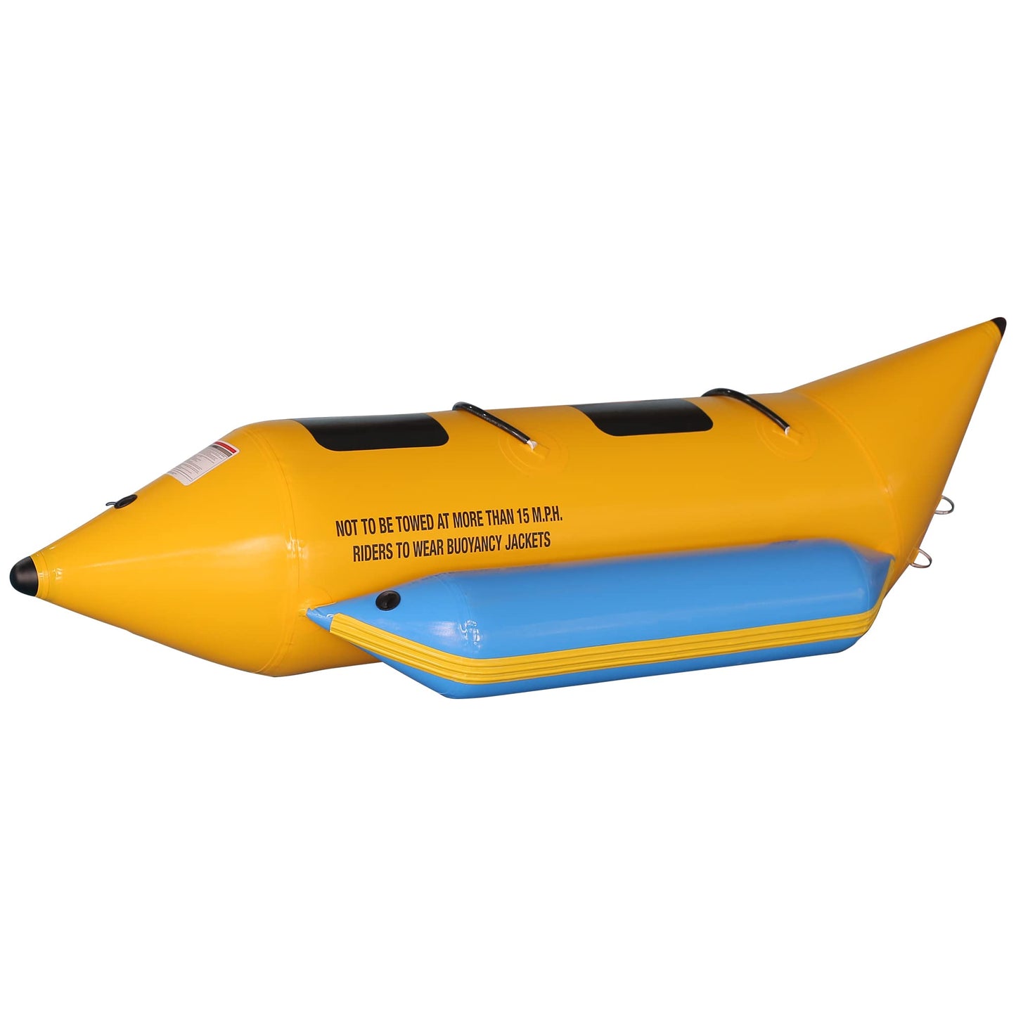 Jovial 2 Person Inflatable Banana Boat, Includes Storage Bag, Foot Pump, and Repair Kit, Tough and Thick, Reinforced Seats and Foot Areas, 340 Lbs Weight Capacity, Easy Inflation and Deflation