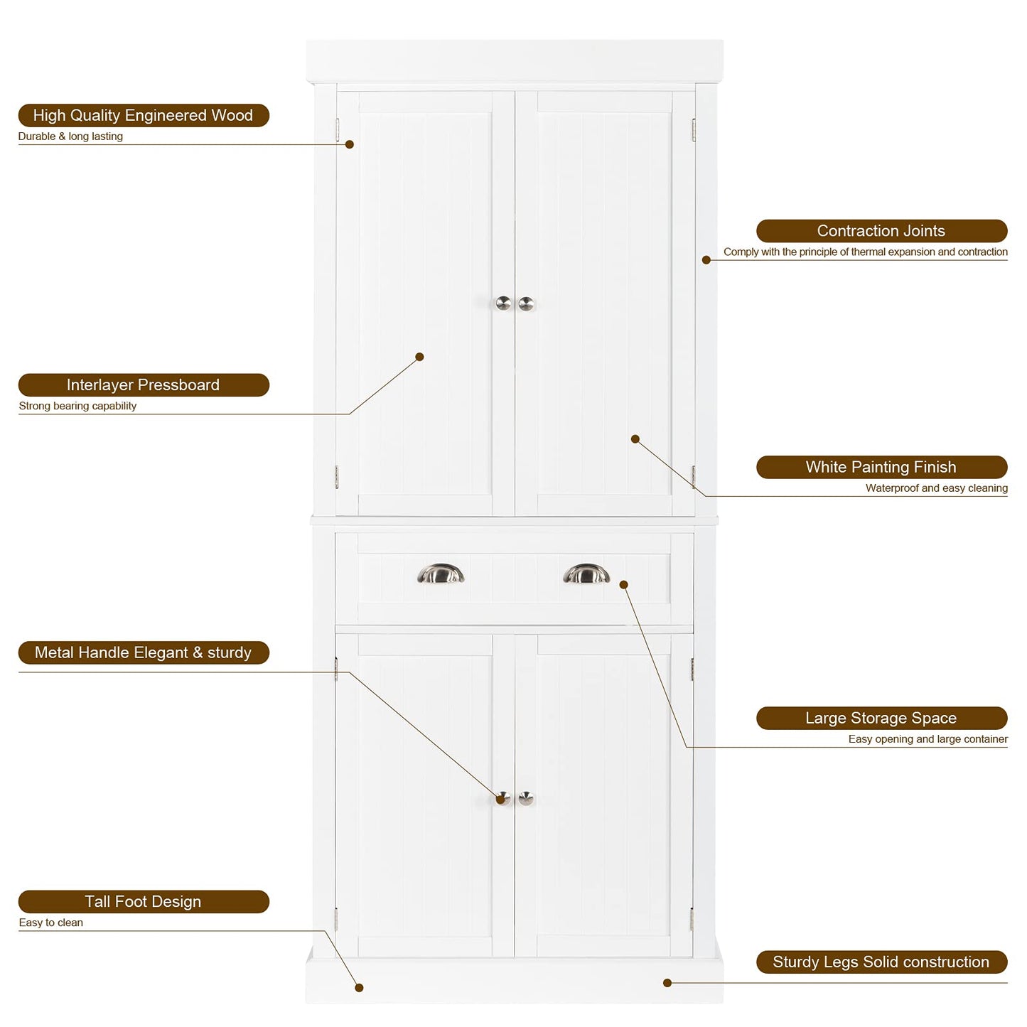 VINGLI 71-Inch White Storage Cabinets with Drawers, Freestanding Pantry Cabinets with Doors and Shelves Adjustable, Wood Farmhouse Kitchen Pantry Cupboard