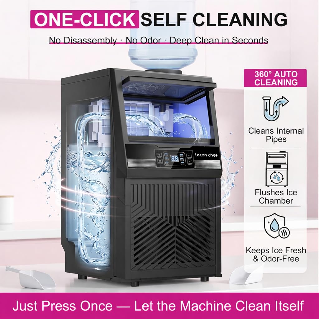 Lecon Chef Freestanding Commercial Ice Maker Machine 80Lbs/24H & Dual Water Inlet, 36 Ice Cubes/Cycle, Adjustable Ice Thickness, Self-Cleaning, 20Lbs Storage Bin for Restaurant, Office