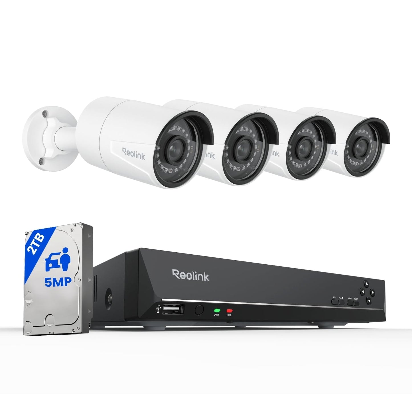 REOLINK 8CH 5MP Security Camera System, 4pcs Wired PoE Cameras for Home Security Outdoors, Smart Person/Pet/Vehicle Detection, 4K 8CH NVR with 2TB HDD for 24-7 Recording, RLK8-410B4-5MP White