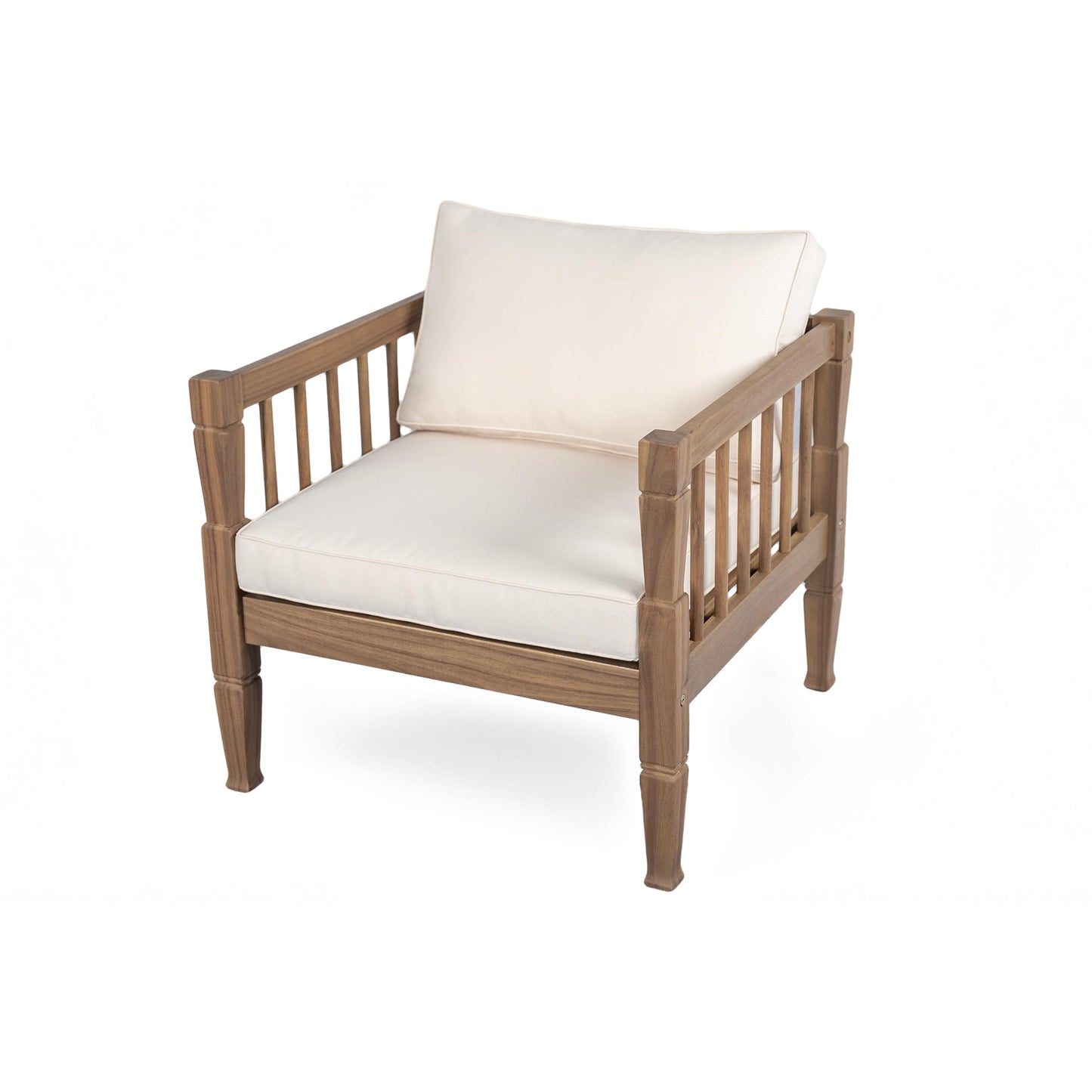 Merax 4 Piece Paito Conversation Set, All-Weather Acacia Wood Loveseat Sofa, 2 Armchairs with Deep Seating and Thick Cushions,1 Coffee Table for Porch, Lawn, Backyard, Teak+Beige