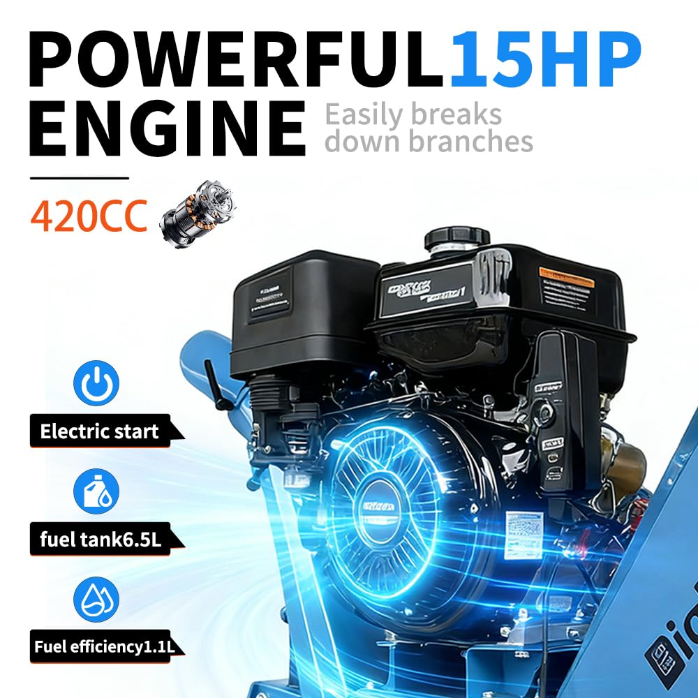 DIGMIGHT 5 Inch 15HP Gas Powered Wood Chipper Shredder Mulcher with 15HP Gas Stump Grinder, Leaf & Branch Shredder with Towbar, Emergency Stop Button, 5" Max Chipping Capacity for Wood Pellets