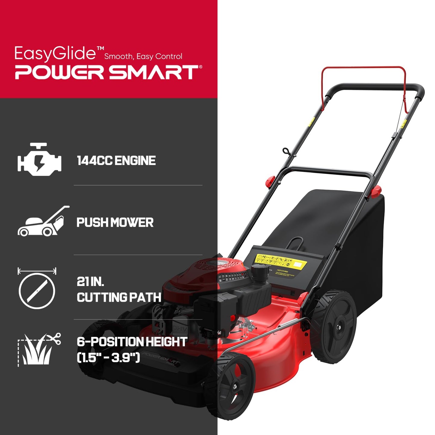 PowerSmart EasyGlide 21-Inch Gas Lawn Mower, 144cc 4-Stroke OHV Engine, Push Walk-Behind, 3-in-1 Mulch/Bag/Side Discharge, Steel Deck, 6 Height Adjustment