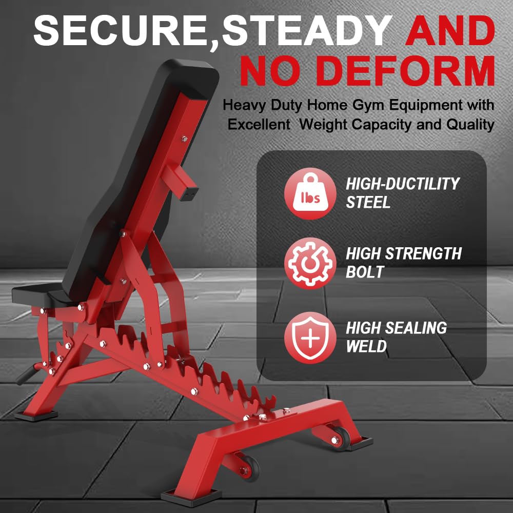 Strength Weight Bench 32 Adjustable Positions Training Benches - Heavy Duty Home Gym Equipment with 1300 LBS Weight Capacity Durable Steel Construction Incline Decline Bench for Full Body Workout (Red)