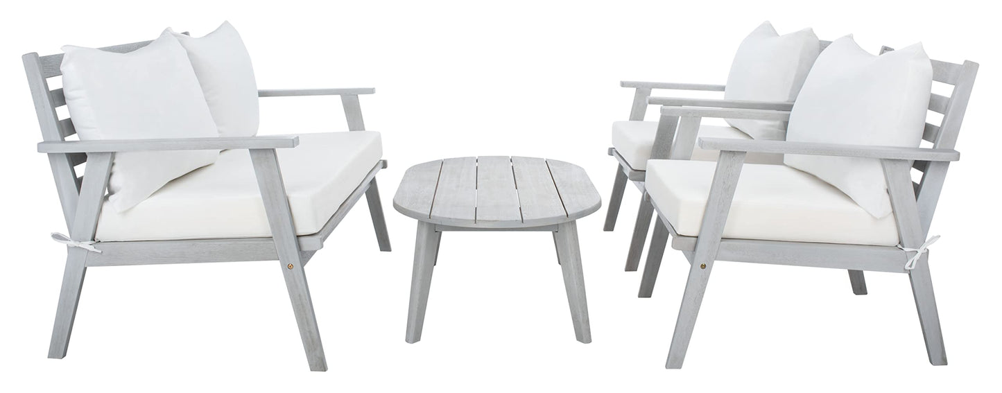 SAFAVIEH Outdoor - Deacon 4-Piece Conversation Set - Grey & Beige - Solid Wood - Coastal Slatted Design with Cushions - Ideal for Patio, Deck, Porch, Backyard (PAT7050H)