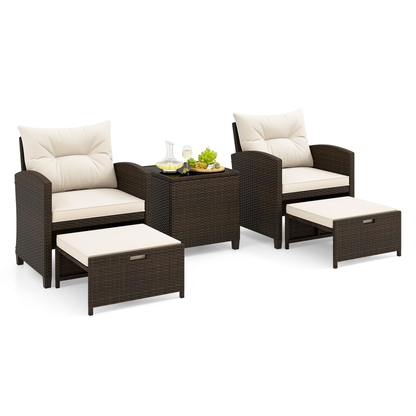 Tangkula 5 Pieces Patio Conversation Set, PE Wicker Outdoor Furniture Set with 2 Chairs, 2 Ottomans & Tempered Glass Coffee Table, Ideal for Poolside, Backyard, Lawn, Deck, Mix Brown & Off White
