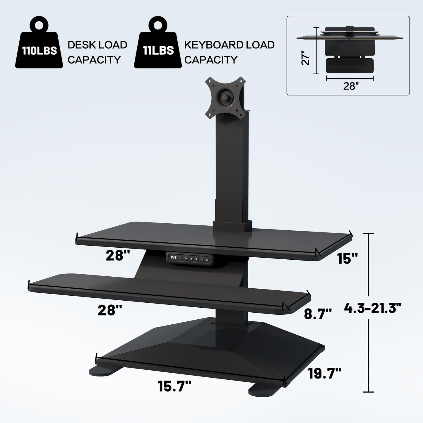 Electric Standing Desk Converter 28" Wide, Height Adjustable Desk Riser, Computer Workstation, Sit-Stand Convertor for Home, Office, School (Black, 1 Arm Included)