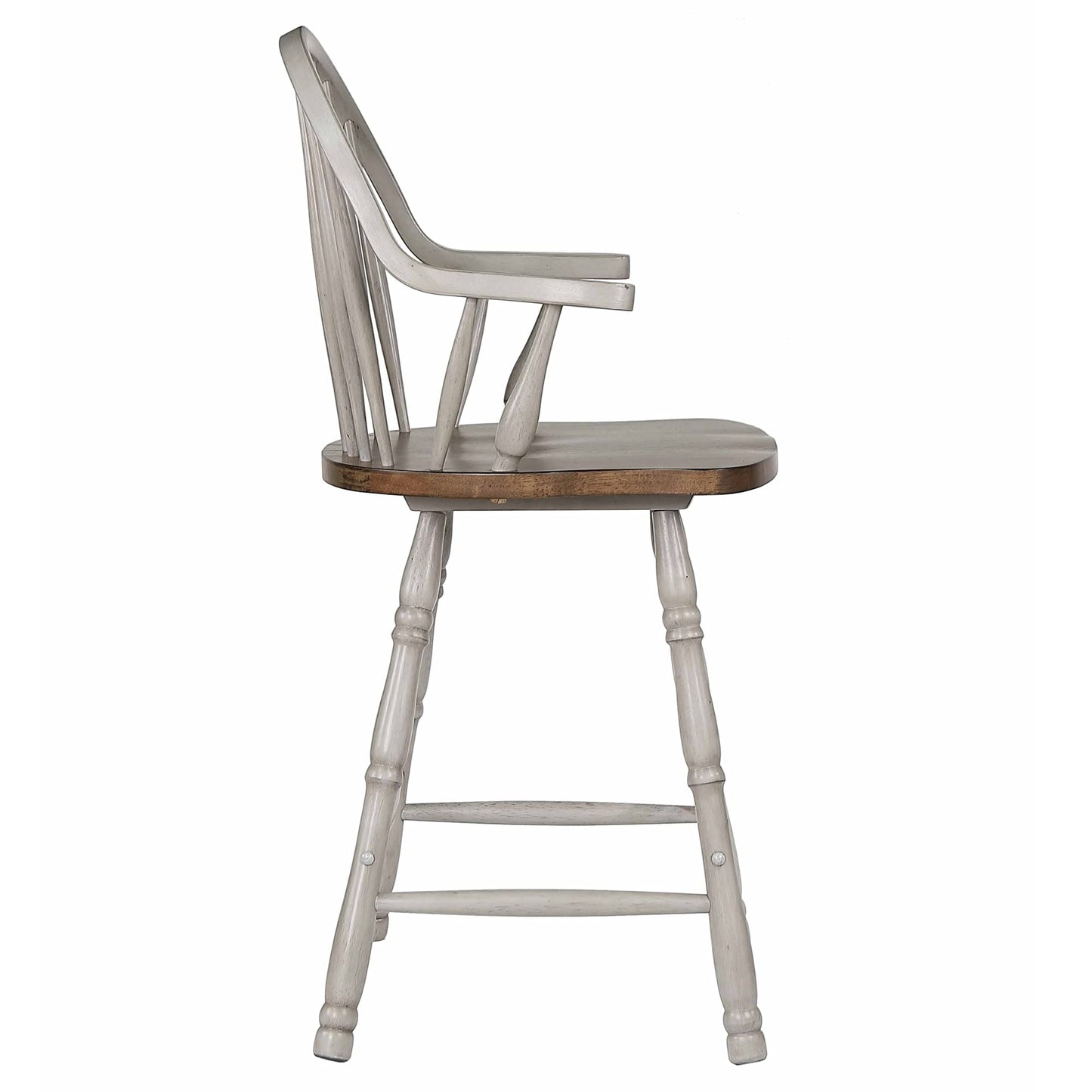 Sunset Trading Country Grove 24" Windsor Barstools with Arms | Counter Height Stools with Backs and Armrests | Distressed Gray and Brown Solid Wood | Set of 2