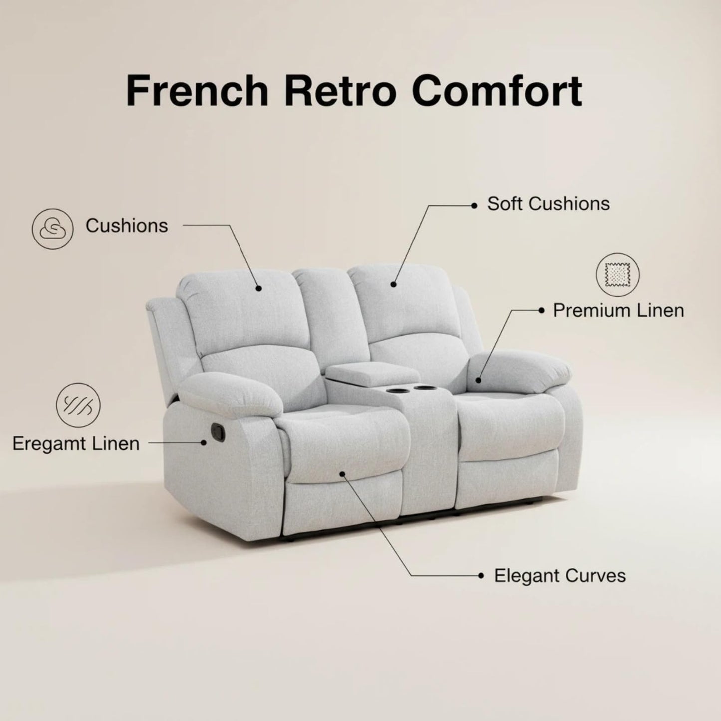 Trygoal Linen Recliner Sofa Set, Living Room Furniture Set, Adjustable Backrest Reclining Loveseat Sofa with Storage Console & Cup Holders, Manual Recliner Chair for House, Home Theater, Grey