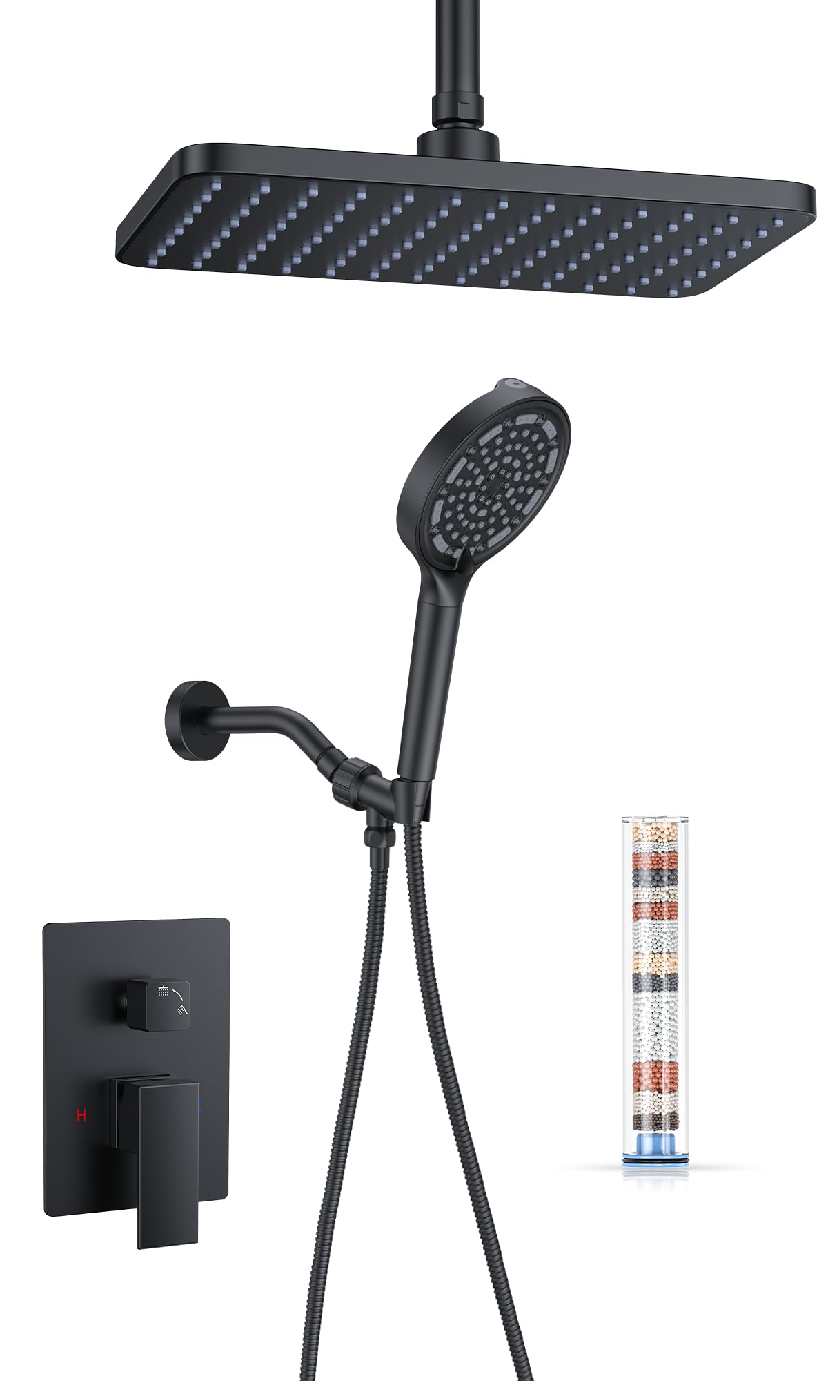 11" Matte Black Rainfall Shower System – Complete Spa Faucet Set with Filtered Handheld Sprayer & Mixer Valve – Modern High Pressure Bathroom Fixture Trim Kit