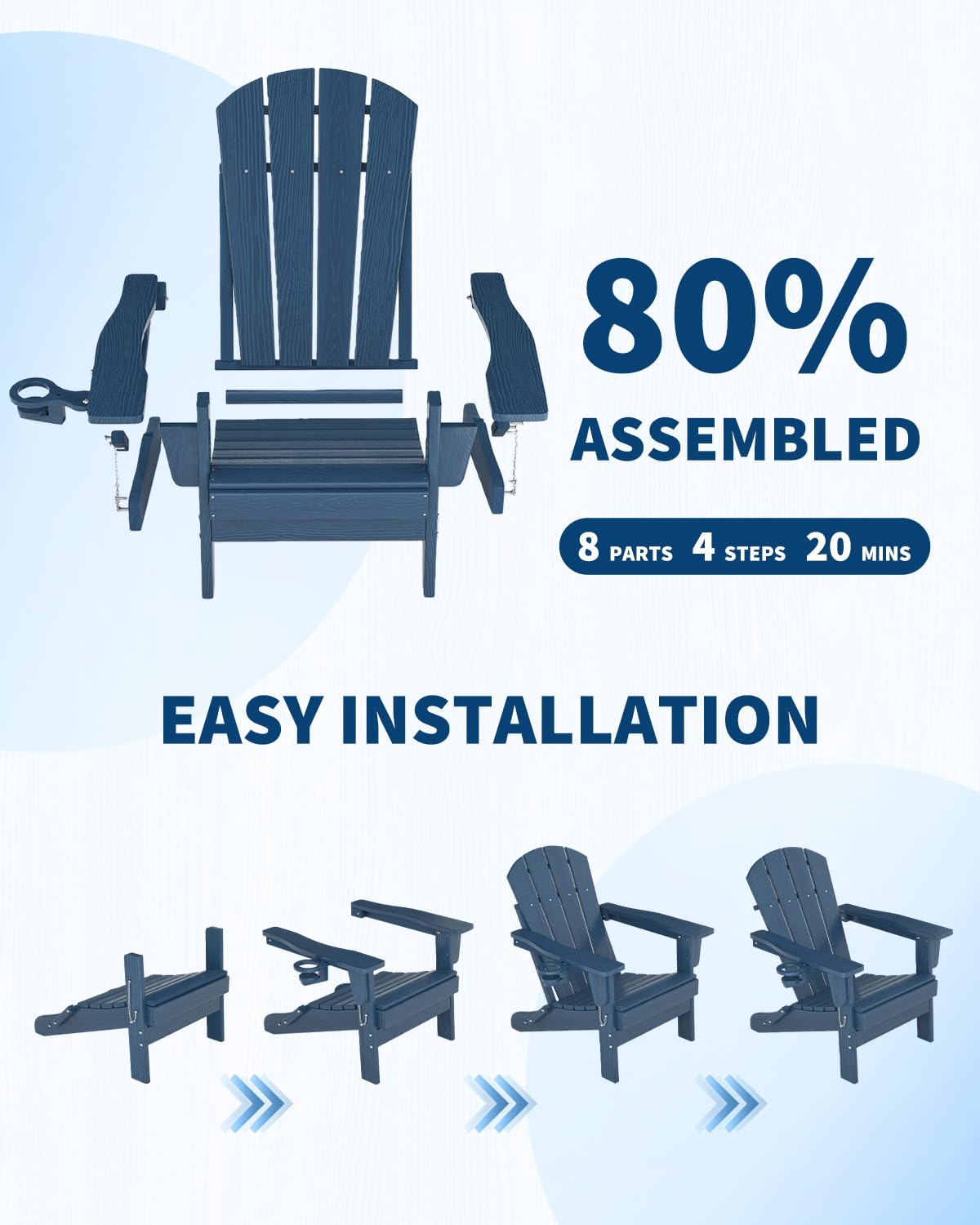 Garvee Folding Adirondack Chair Set of 4 with 2 Side Table, HDPE Outdoor Patio Chair with Cup Holder, All Weather Resistent Wooden Textured for patios, Decks, Gardens, fire Pit, Navy Blue