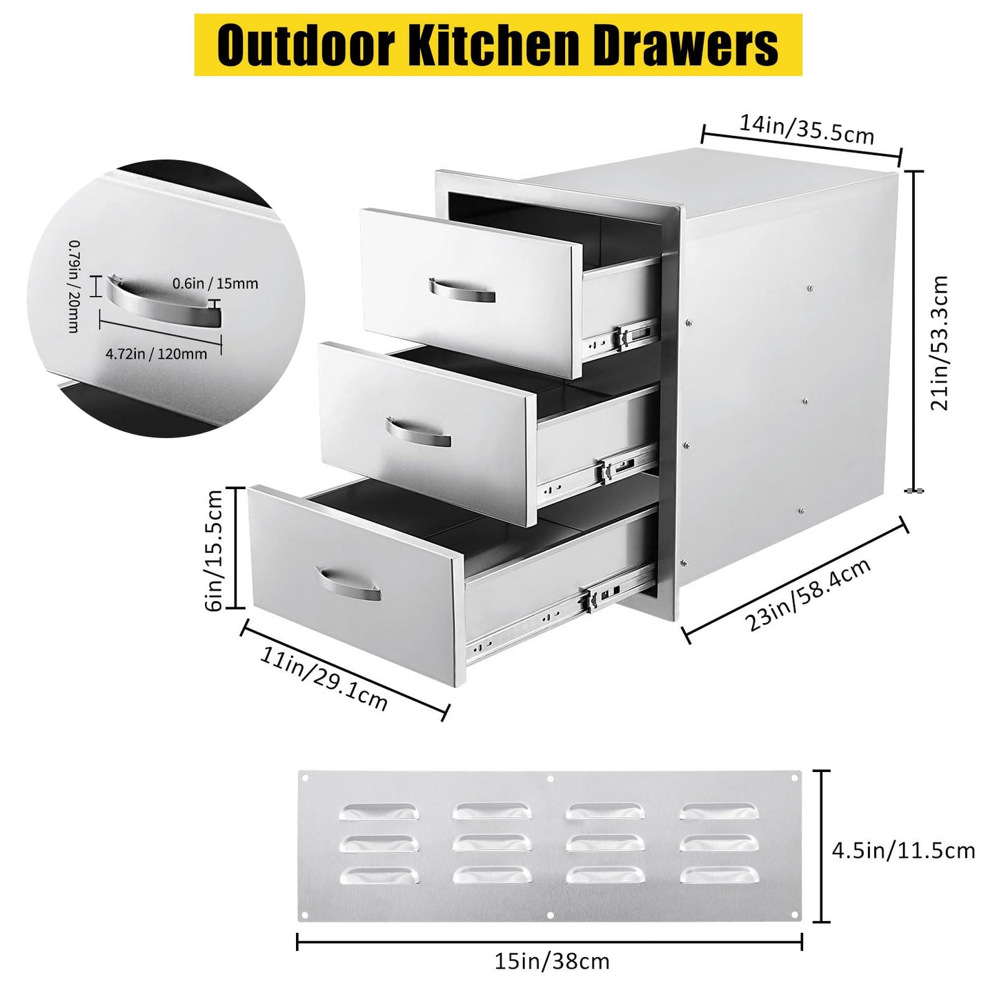 GAOMON Outdoor Kitchen Drawers Stainless Steel Triple Access, BBQ Storage Cabinet with Paper Towel Holder, Weatherproof 304 SS Flush Mount for Grill Station Patio Island