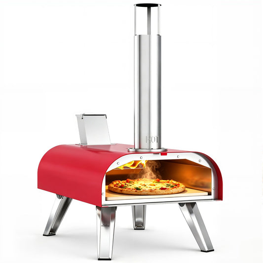 BIG HORN 12" Multi-Fuel Outdoor Pizza Oven Reach up to 1110℉– 3-in-1 Wood,Gas &Electric Compatible (Burners Sold Separately),Pellet Pizza Oven Portable Pizza Maker for Backyard, Camping&Tailgating,Red