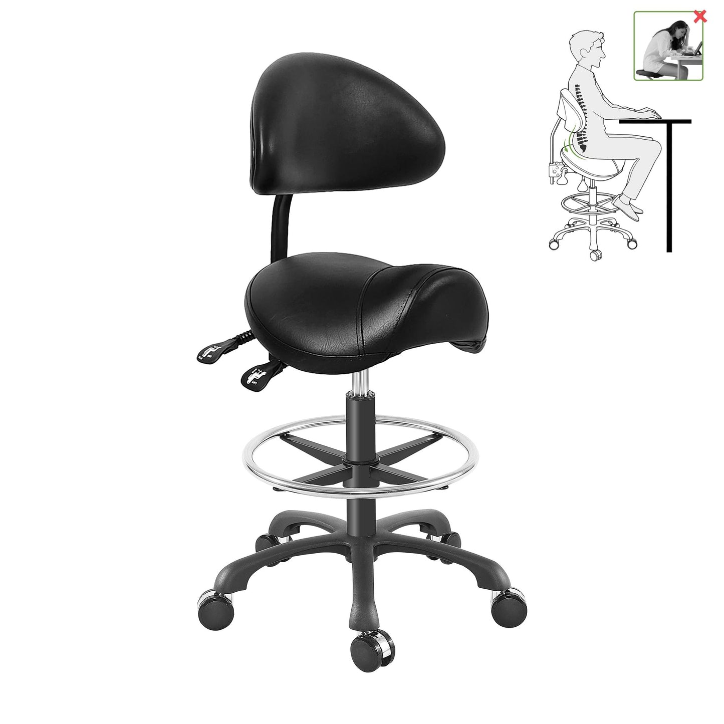 Ergonomic Adjustable Drafting Chair with Oversized Saddle Seat, Heavy-Duty Esthetician Stool for Salon Office Workshop Stool, Smooth Casters for Hard Soft Floors(with Backrest/Footrest,Black)