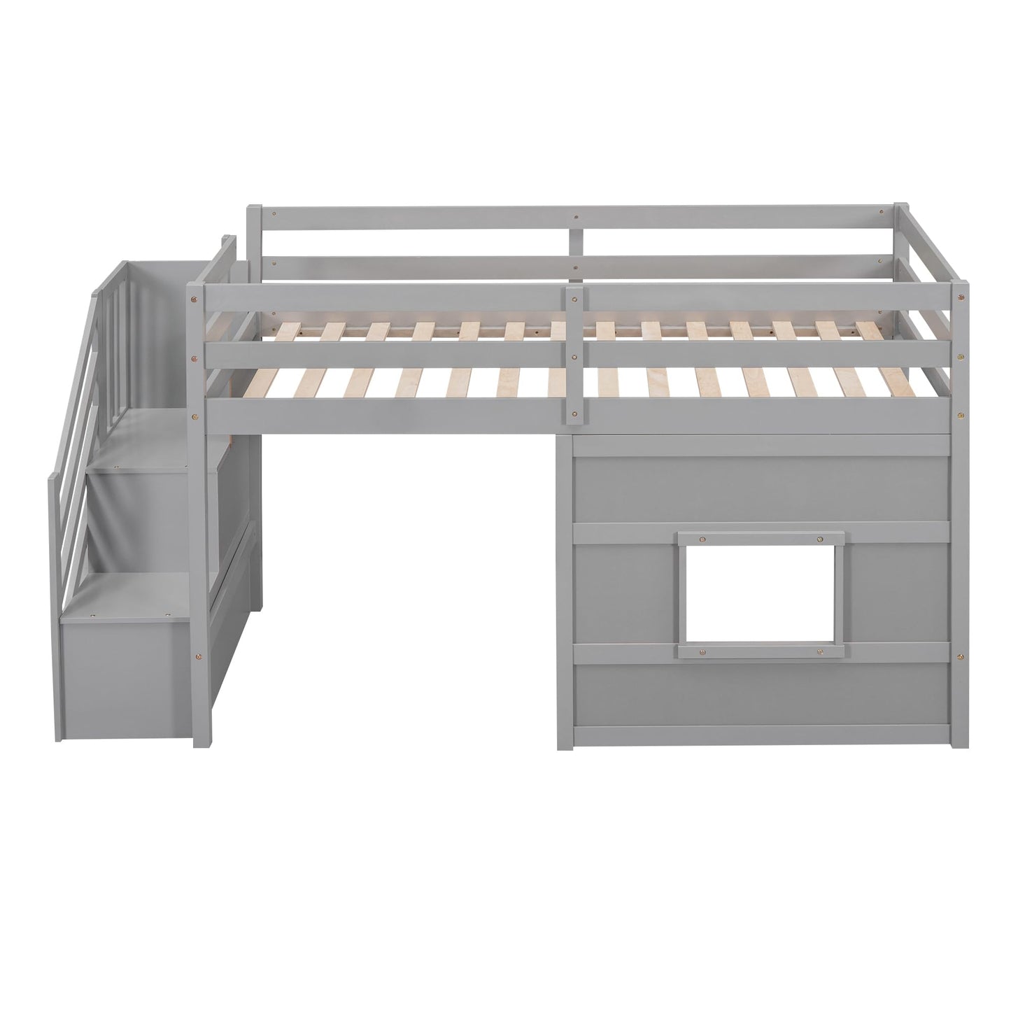 Merax Twin Size Loft Bed with Storage Staircase, Solid Wood Loft Bed Frame with LED Light and Safety Guardrail, Under-Bed Play Space, Playhouse Beds for Kids, Boys, Girls,Grey