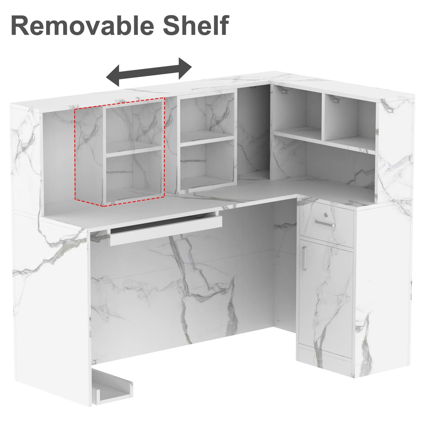 AIEGLE Reception Desk with Counter Drawers & Storage Shelves, L-Shaped Reception Counter Table for Salon Reception Room Checkout Office, White (55.9" L x 32.3" W x 48.4" H)