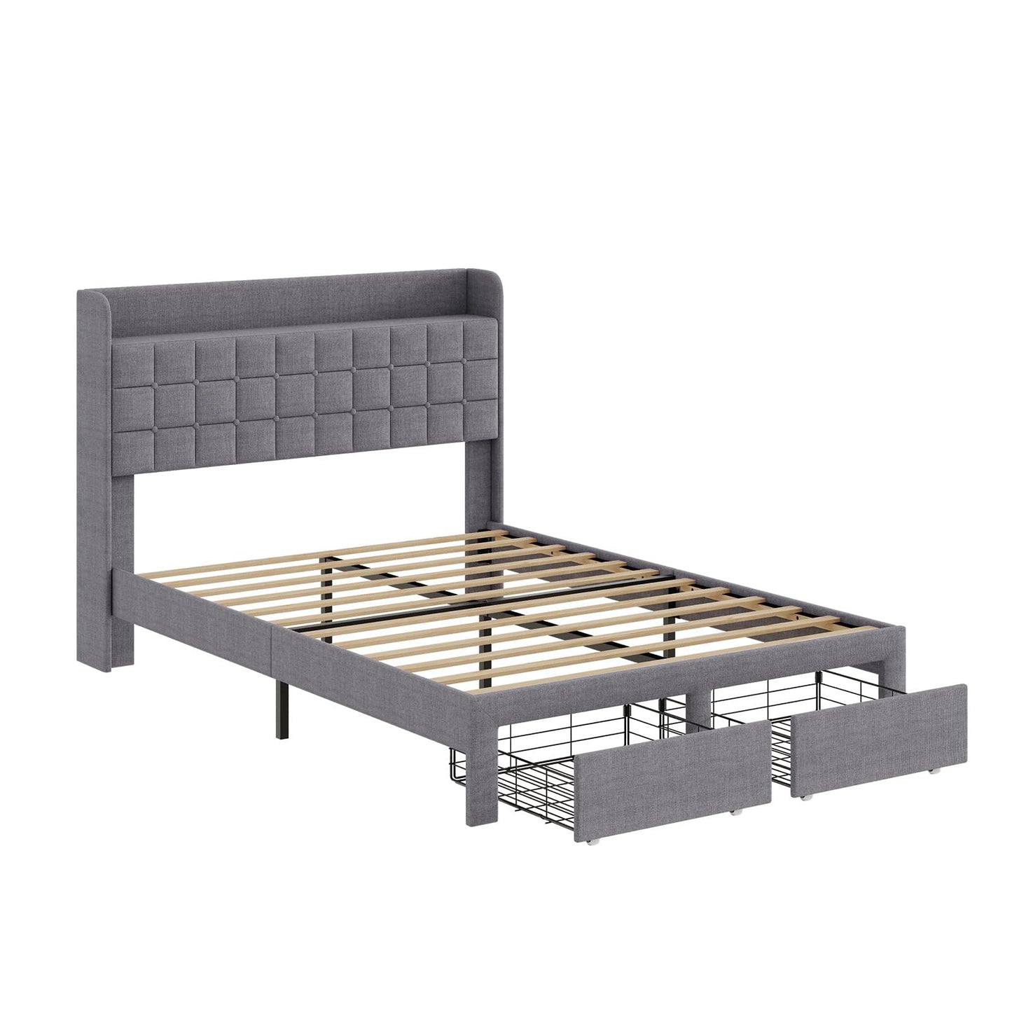 HAPPYMONT Full Size Storage Bed Frame, Square Tufted Headboard, Platform Bed with 2 Underbed Drawers at Foot, Wooden Slats Support, No Box Spring Needed, Dark Gray