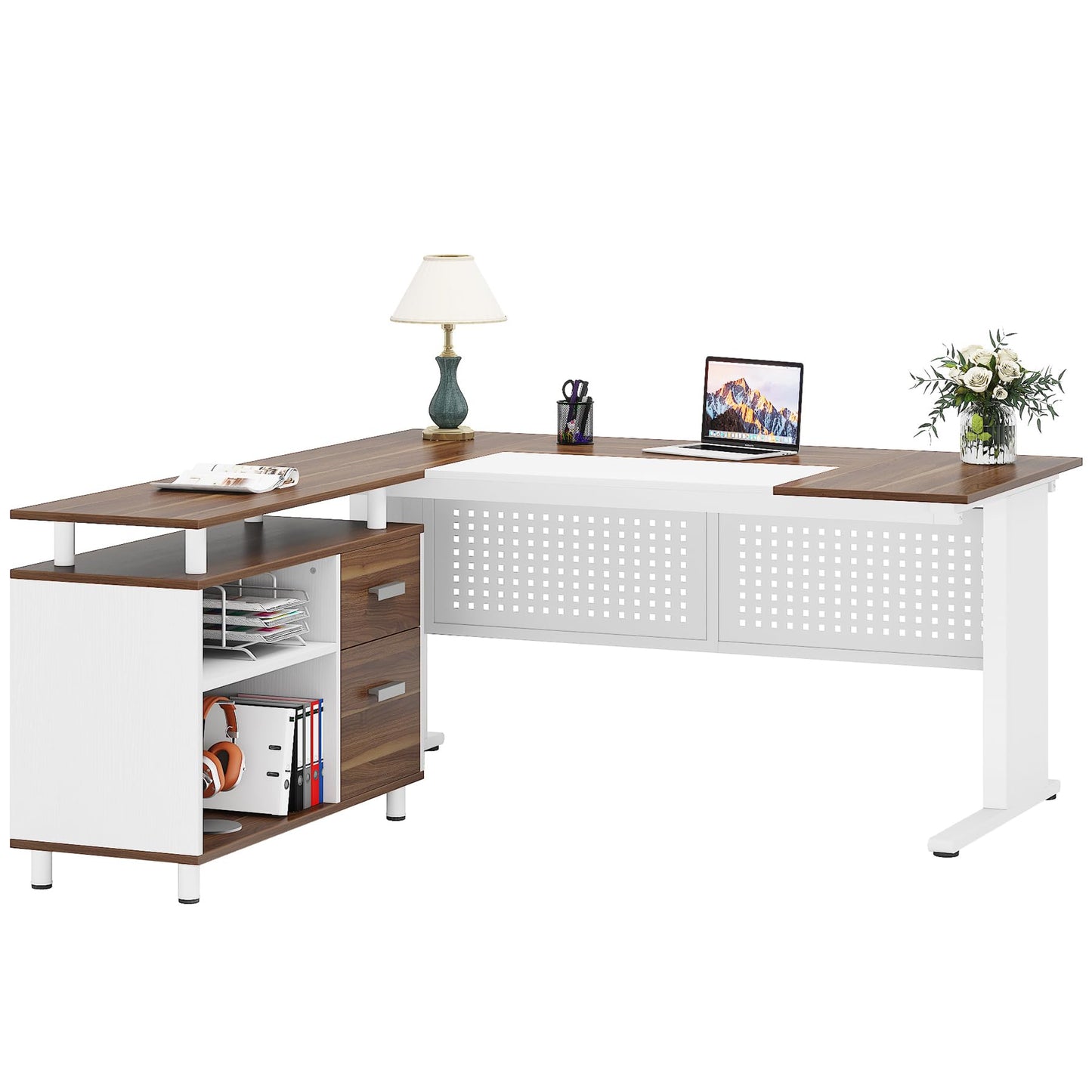 Tribesigns 63 Inch Executive Desk with File Cabinet, L Shaped Office Desk with Drawers and Storage Shelves, Business Furniture Set Workstation for Home Office, White and Walnut