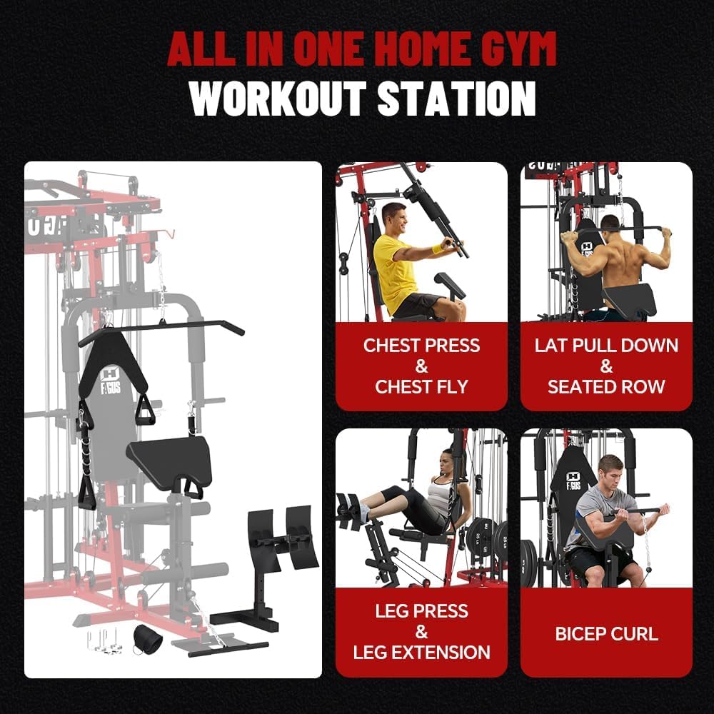 FAGUS H All in One Home Gym System Workout Station with Weight Bench, Multi-Function Smithe Machine Power Cage with Cable Crossover, Tripe-Sided Independent Load Posts Functional Trainer, Black & Red