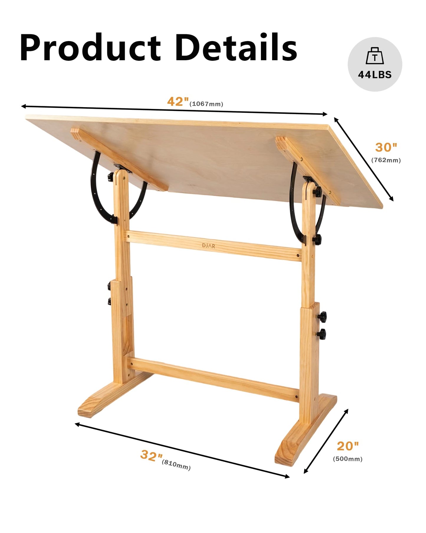 DJAR Adjustable Wooden Drawing Table, 42"x30" Artist Drafting Desk for Painting, Sketching, Writing, Natural