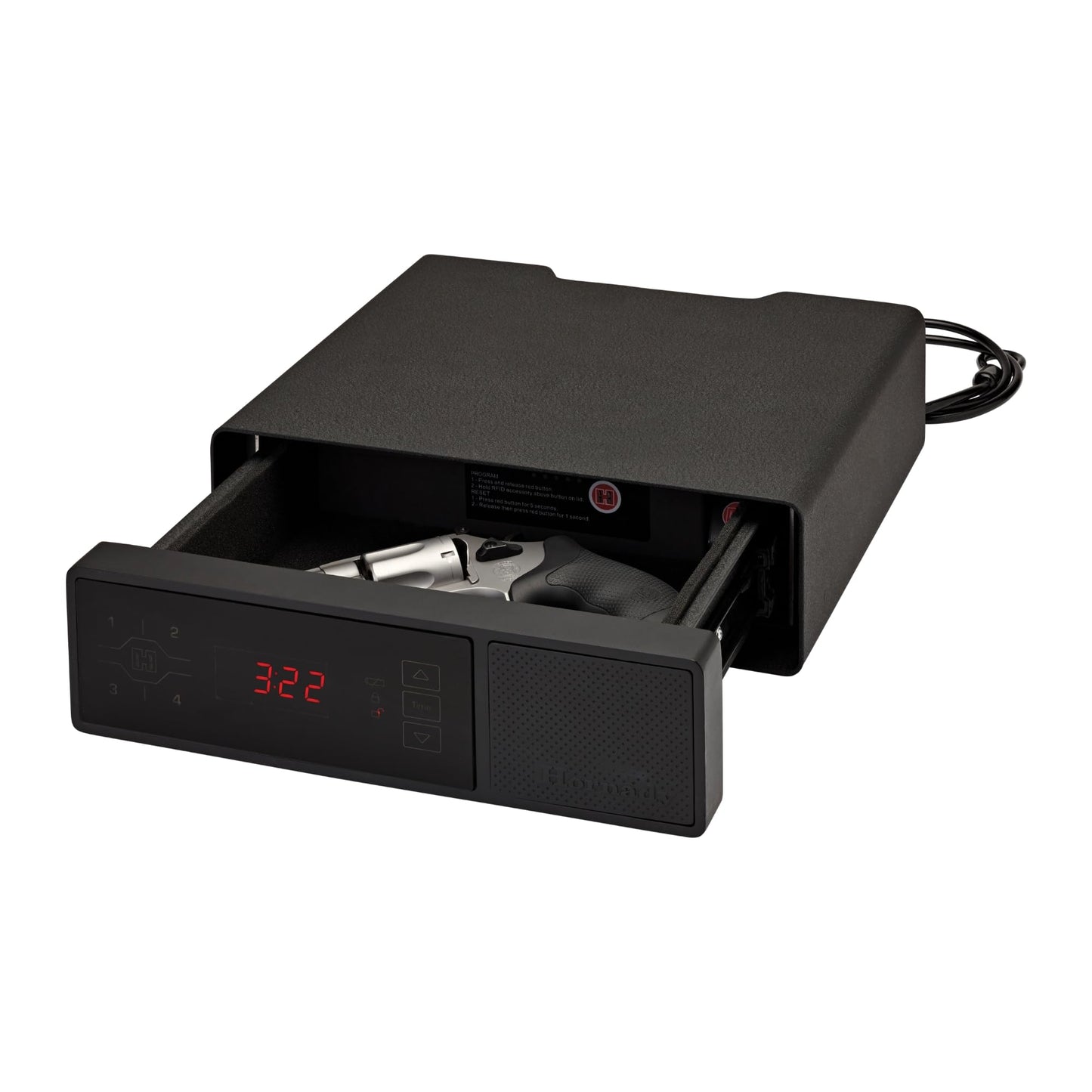 Hornady Rapid Safe Night Guard – Nightstand Gun Safe with RFID Reader, Clock, USB Ports – RFID Safe for Fast, Multiple Method Entry – Includes Rapid Safe, 3 Methods of Entry and Security Cable