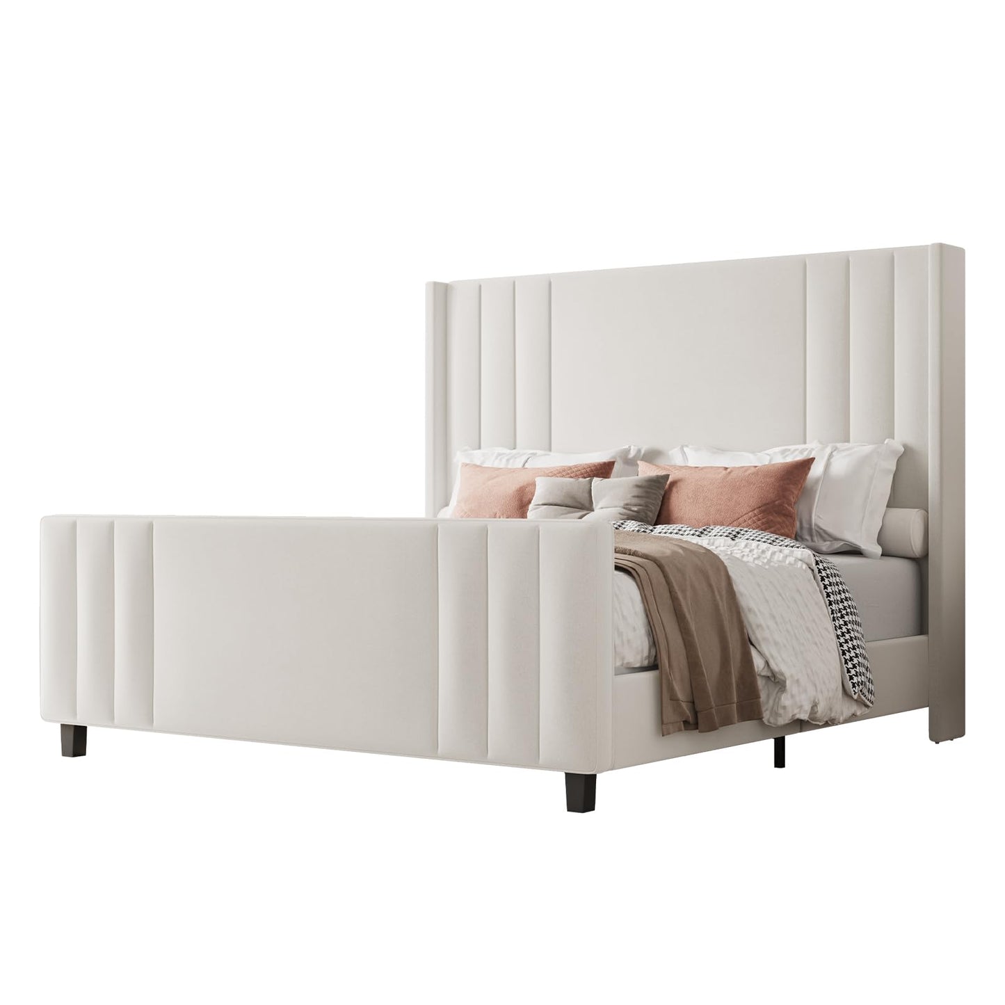 Albott Queen Size Platform Bed Frame, Upholstered Bed with Vertical Channel Tufted Wingback Headboard & Footboard, Premium Velvet, No Box Spring Needed, Cream