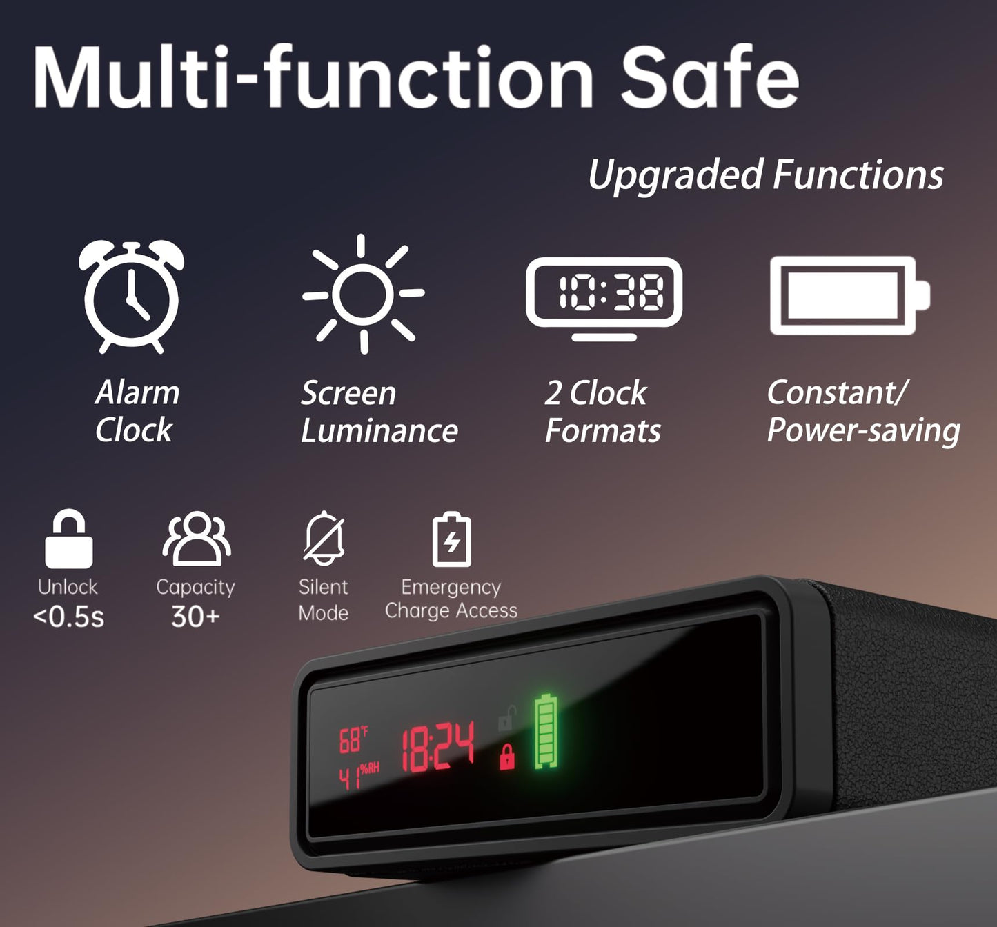 ORARAER Biometric Smart Gun Safe with Wireless Charging, 3 Quick Access Money Box with Fingerprint - Compact Bedside Drawer Safe, 24/7 Digital Clock handgun safe,Gifts for Men