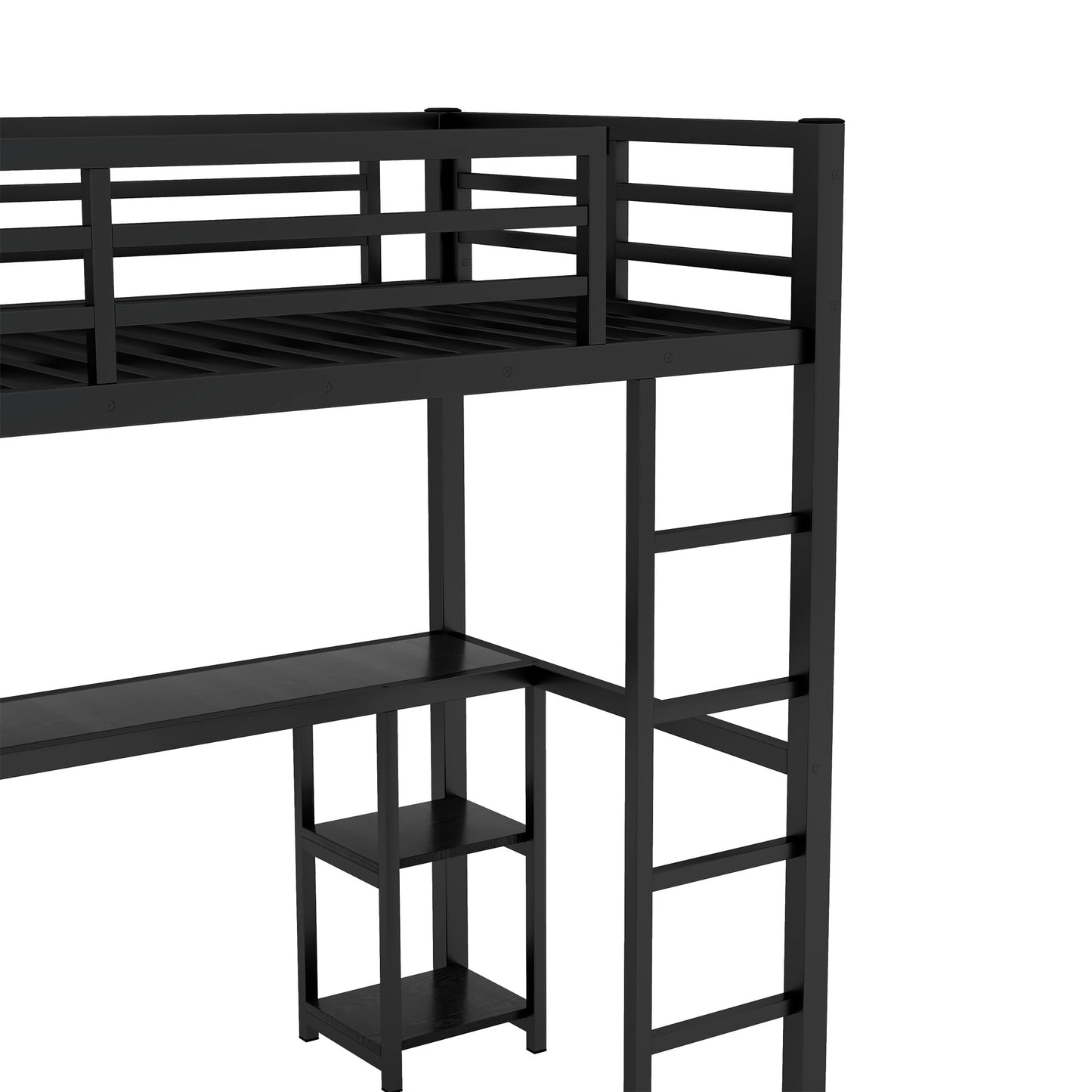 Twin XL Loft Bed with Desk and Storage Shelves, Twin XL Loft Bed with Wardrobe and Hanging Rod, Game Loft Bed with Guardrail and Ladder(Twin XL Balck)